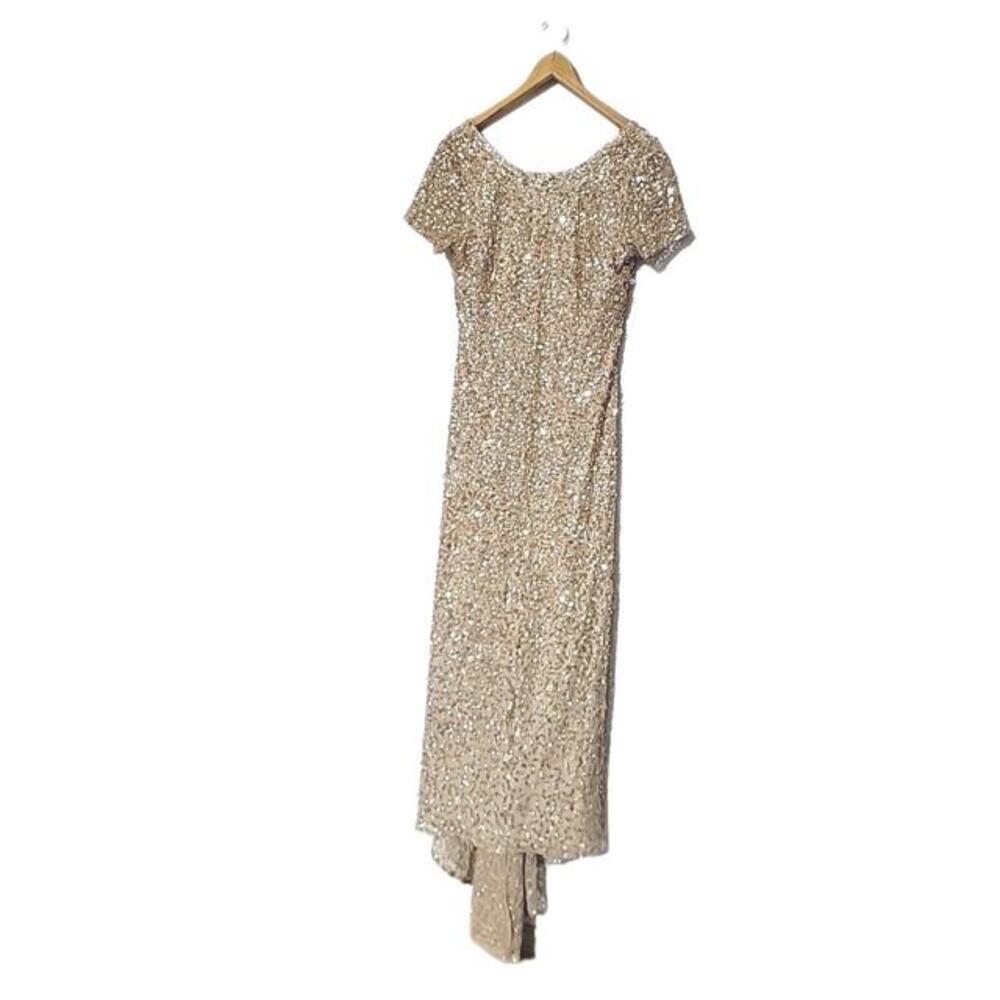 Adrianna Papell Rose Gold Beaded Sequin Godet Gown Wedding Mother of Bride Sz 12